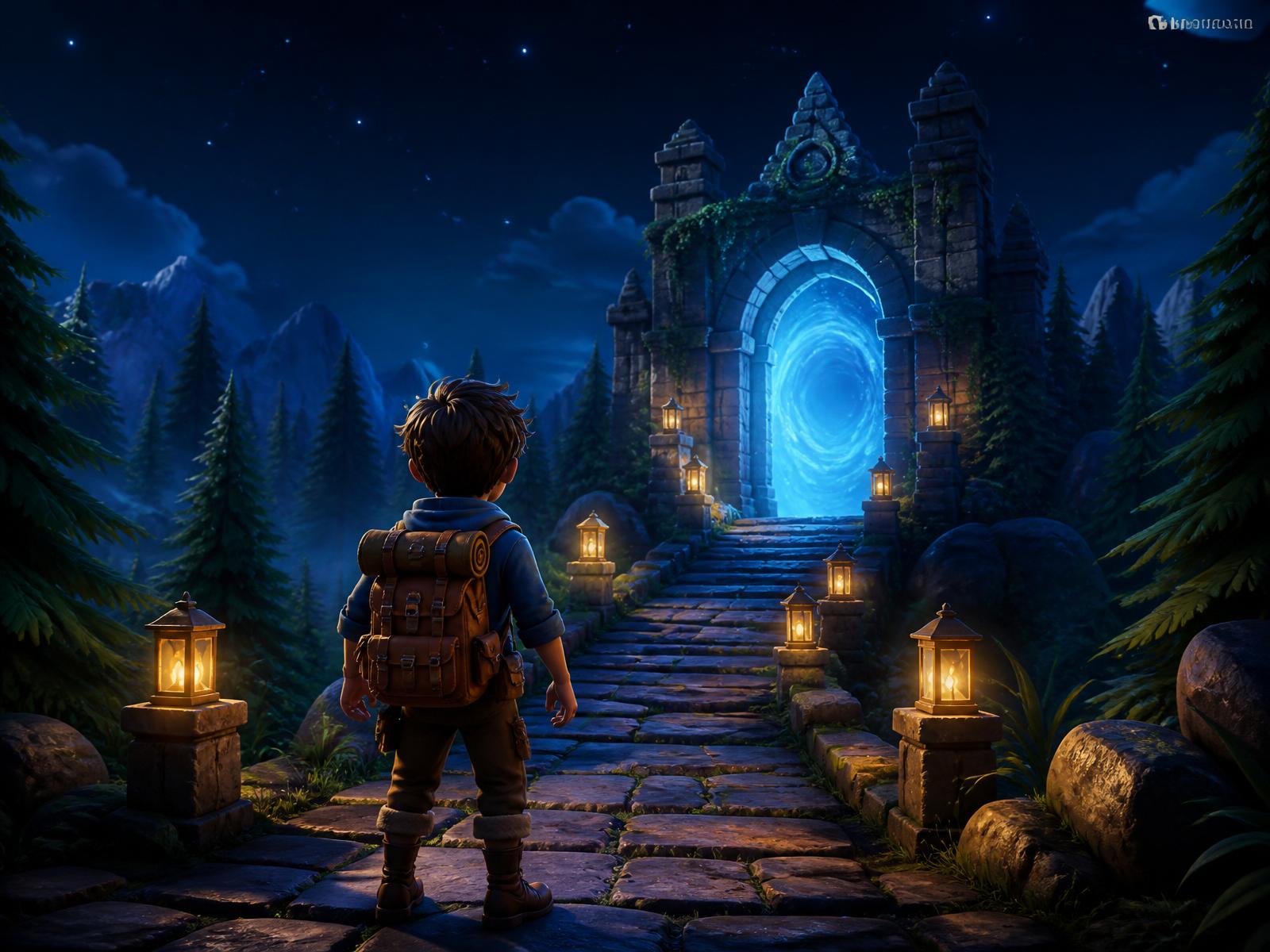 Forest Explorer — a young adventurer at a glowing stone portal