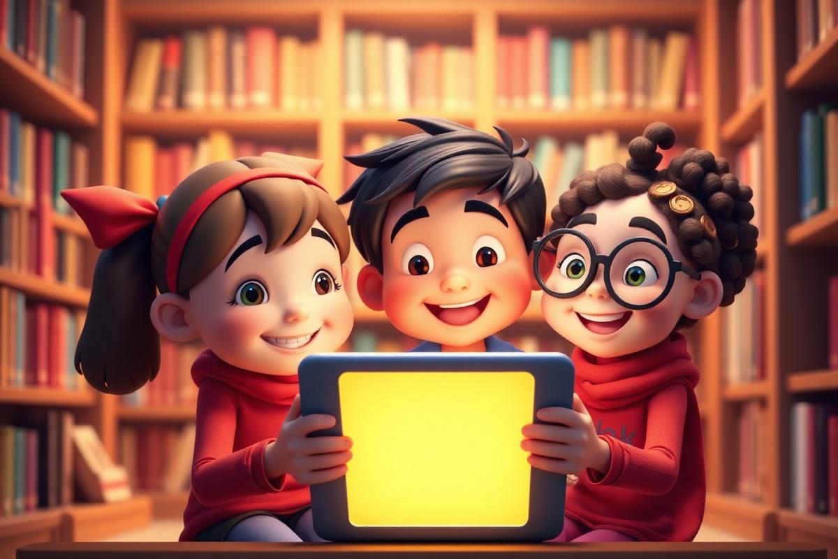 Three joyful kids gathered around a tablet